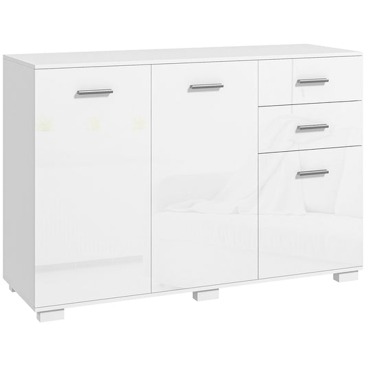 Photo of HOMCOM Sideboard, Modern Storage Cabinet with 2 Drawers, 3 Doors and Adjustable Shelves, Kitchen Cabinet for Living Room, Dining Room, High Gloss White in White colour on a white background