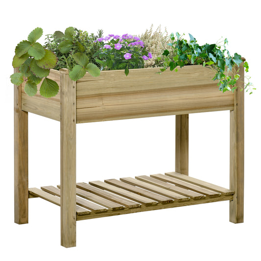 Photo of Outsunny Garden Wooden Planters， Raised Garden Bed with Legs and Storage Shelf Elevated Wooden Planter Box in Box colour on a white background