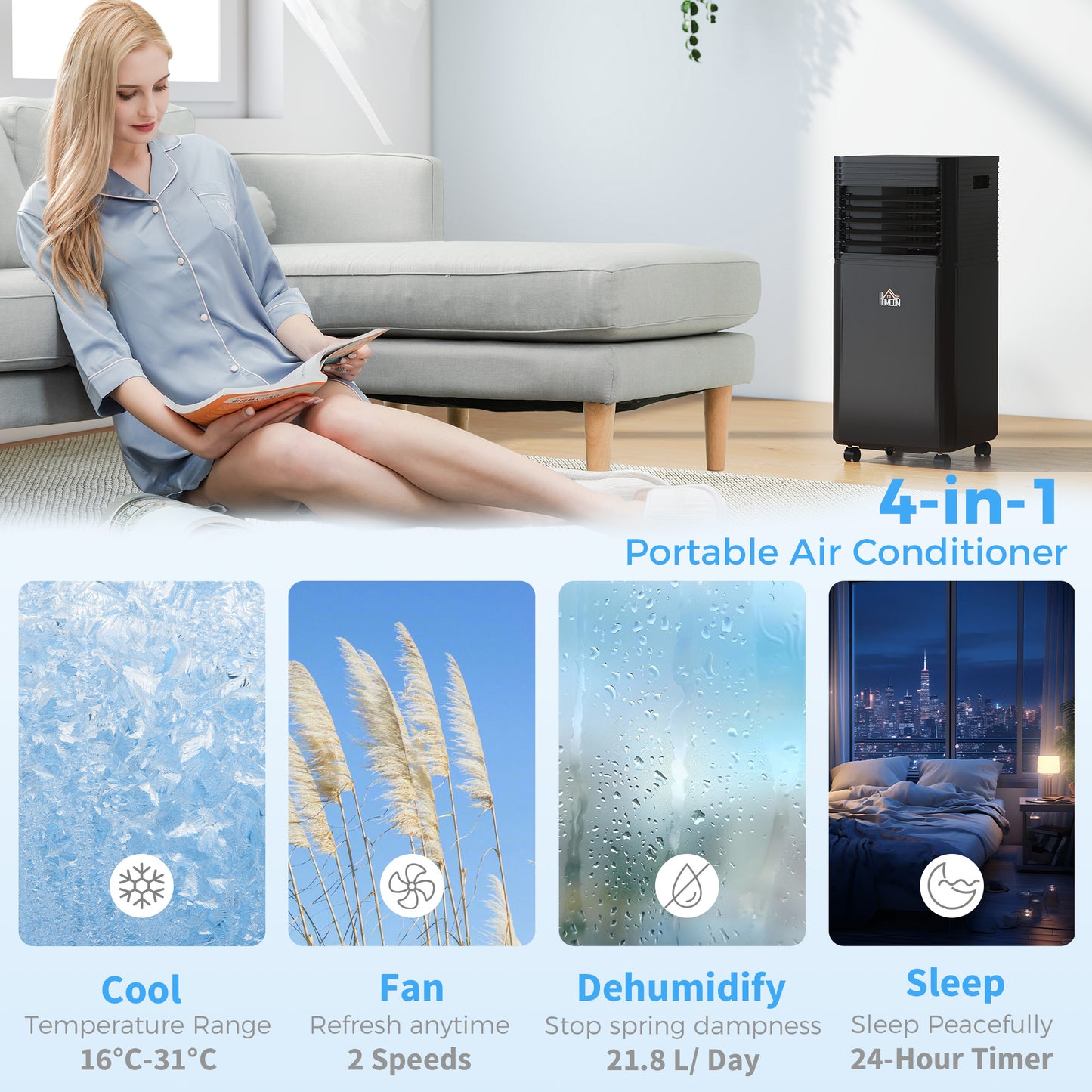 HOMCOM 8000 BTU 4-In-1 Portable Air Conditioner Unit Cooling Dehumidifying Ventilating  for Room up to 27m², with Fan, Remote, 24H Timer, Window Mount Kit, R290, A Energy Efficiency