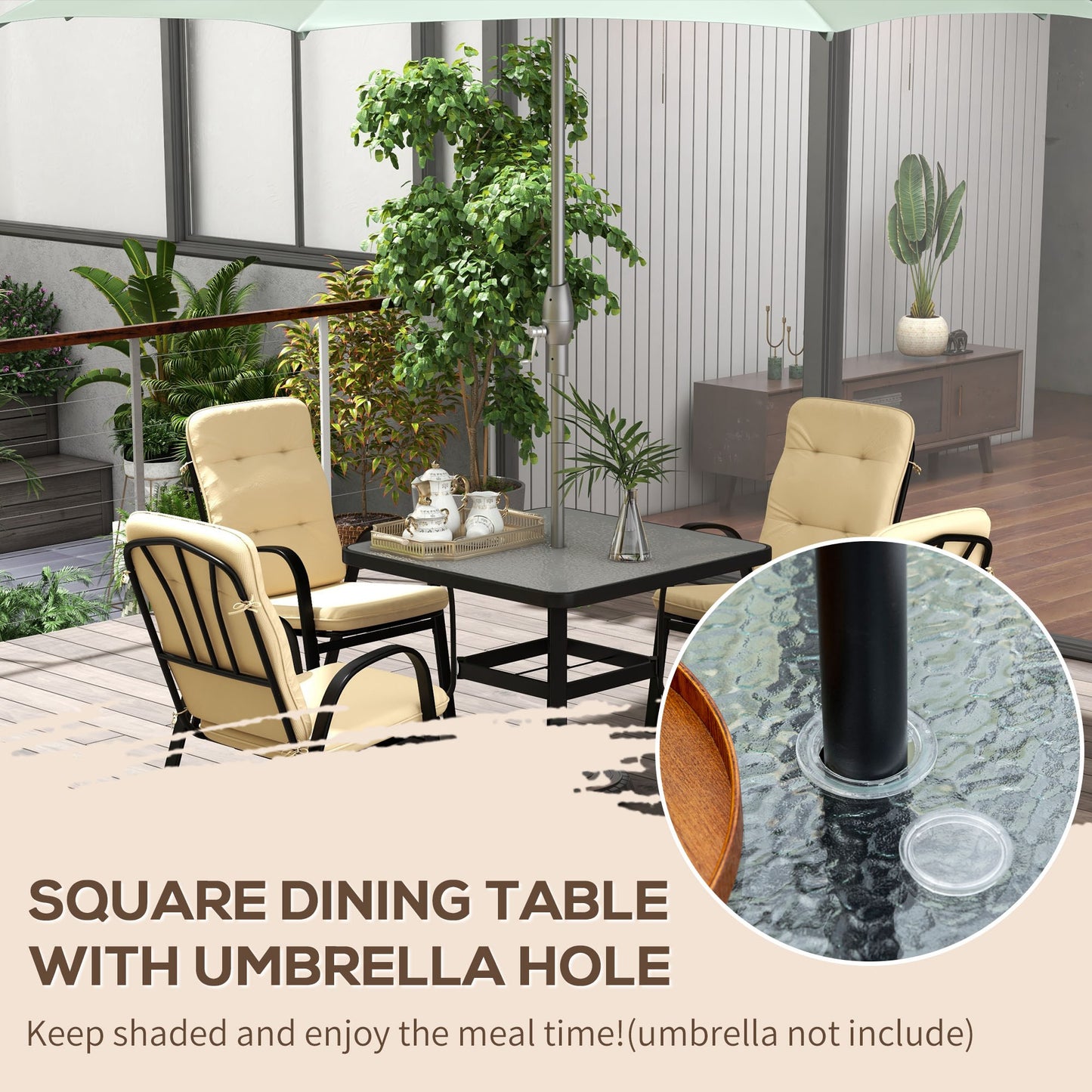 Outsunny 5 Pieces Outdoor Square Garden Dining Set for Small Garden with Tempered Glass Dining Table 4 Cushioned Armchairs, Umbrella Hole, Beige