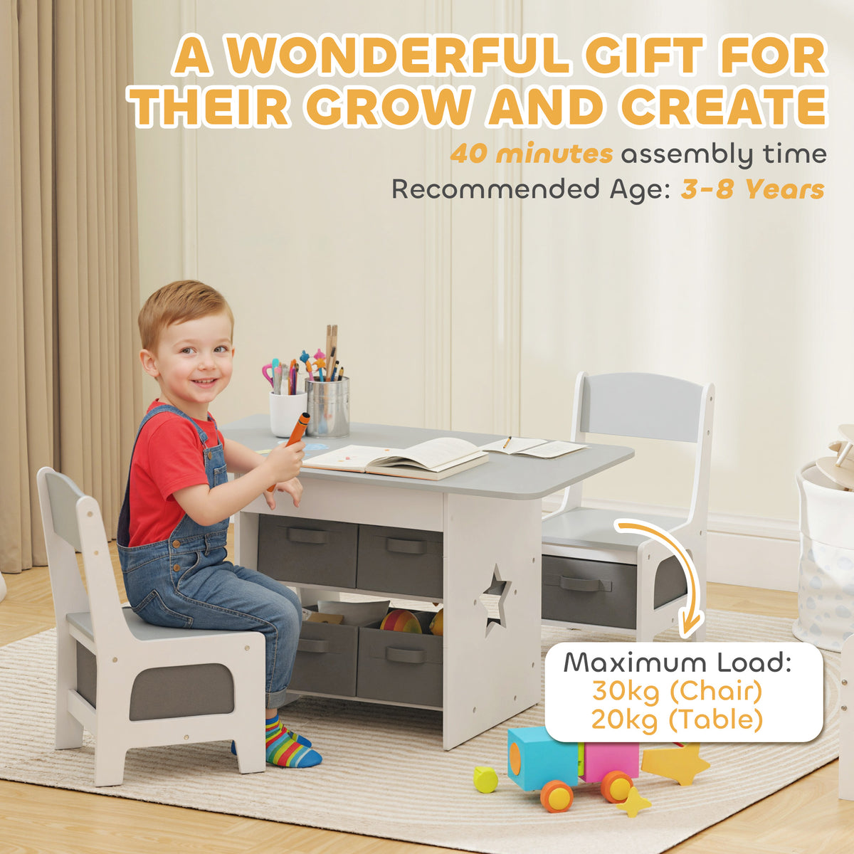 AIYAPLAY Kids Table and Chair Set, Toddler Table and 2 Chairs Set with 6 Removable Drawers, for Boys Girls Ages 3-8, Light Grey