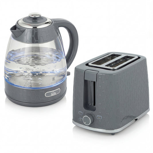 Photo of HOMCOM Kettle and Toaster Set, 1.7L 3000W Rapid Kettle with Limescale Filter, 2 Slice Toaster with 7 Browning Controls, Grey in Grey colour on a white background
