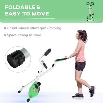 Folding exercise bike with transport wheels for easy movement and compact storage