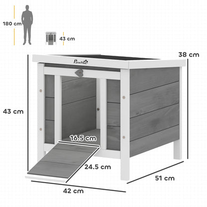 PawHut wooden rabbit hutch with ramp, shown with dimensions of 51 x 42 x 43 cm