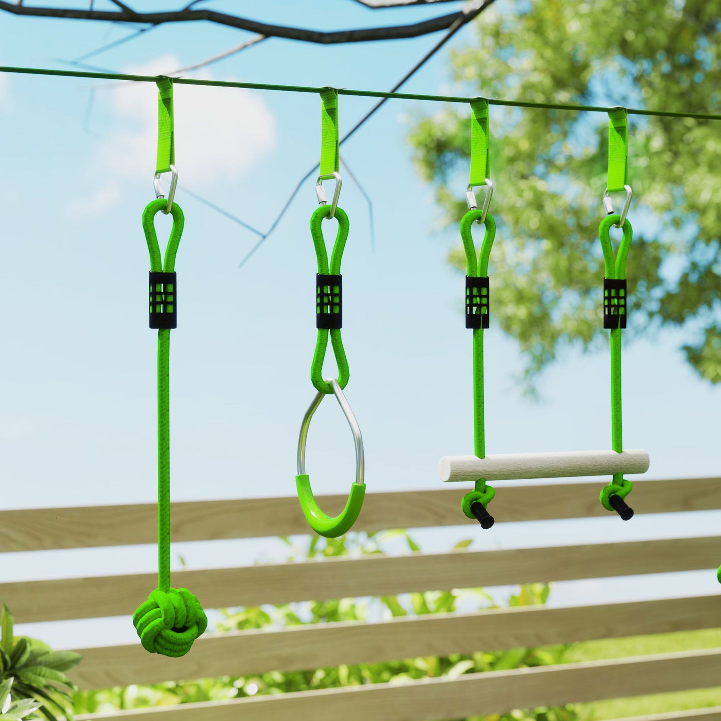 AIYAPLAY Obstacle course for Kids, with 10-Piece Slackline Kit with Monkey Bars, Gym Rings, Rope Ladder, Nest Swing, Hanging Tray