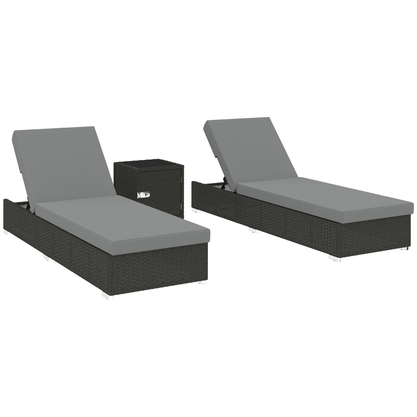 Photo of Outsunny Rattan Sun Loungers Set of 2 with Side Table, Garden Recliner Sunbeds with Adjustable Back, Cushions, Dark Grey in Grey colour on a white background