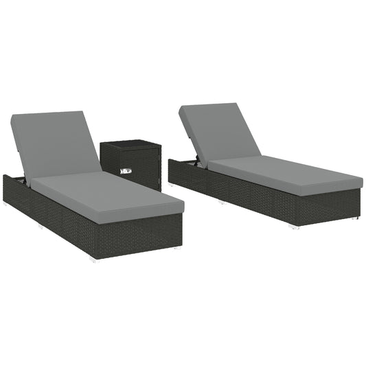 Photo of Outsunny Rattan Sun Loungers Set of 2 with Side Table, Garden Recliner Sunbeds with Adjustable Back, Cushions, Dark Grey in Grey colour on a white background