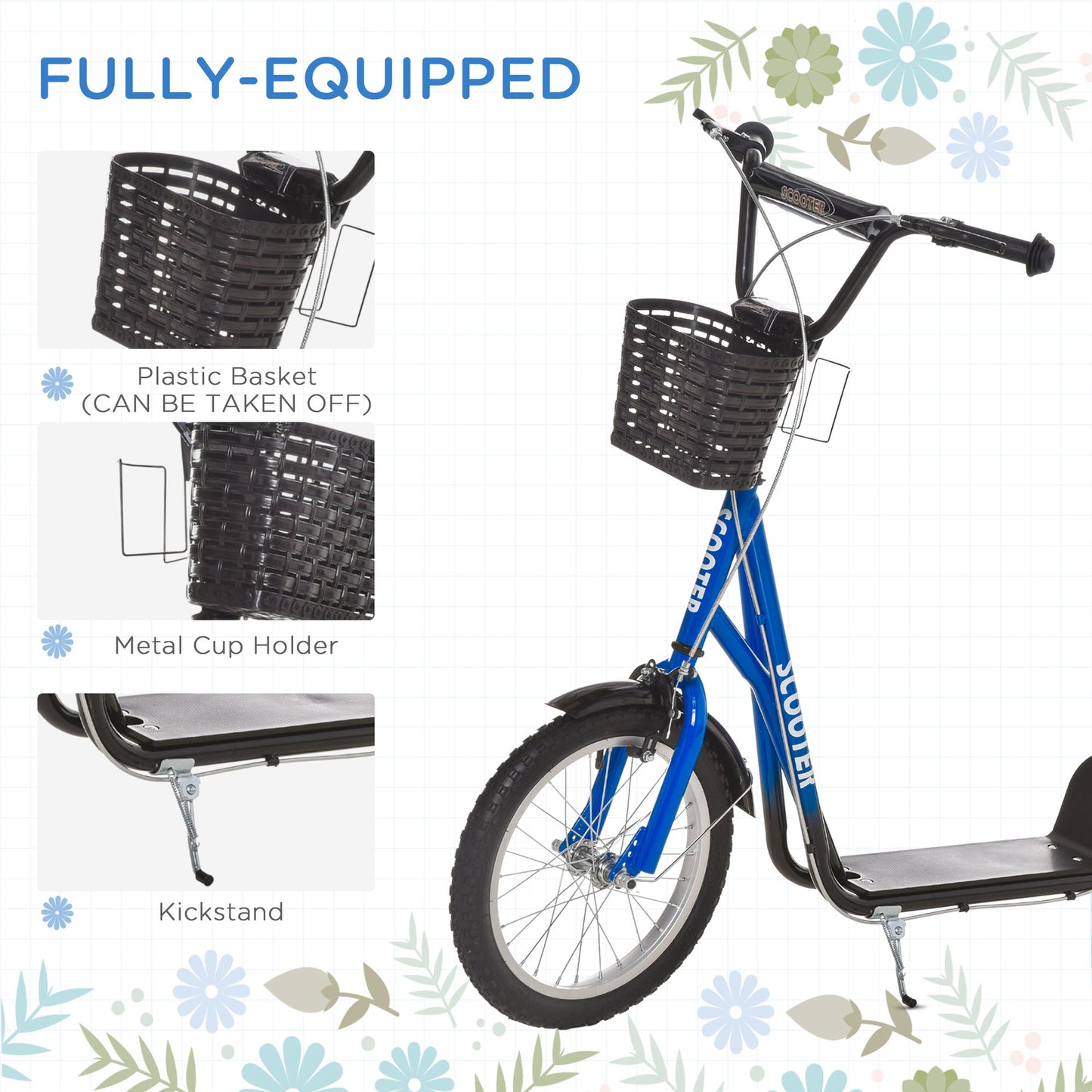 HOMCOM Kids Scooter, Kick Stunt Scooter with Adjustable Handlebar, Dual Brakes, Basket, Cupholder, Mudguard, 16" Inflatable Rubber Wheels, for 5-12 years, Blue