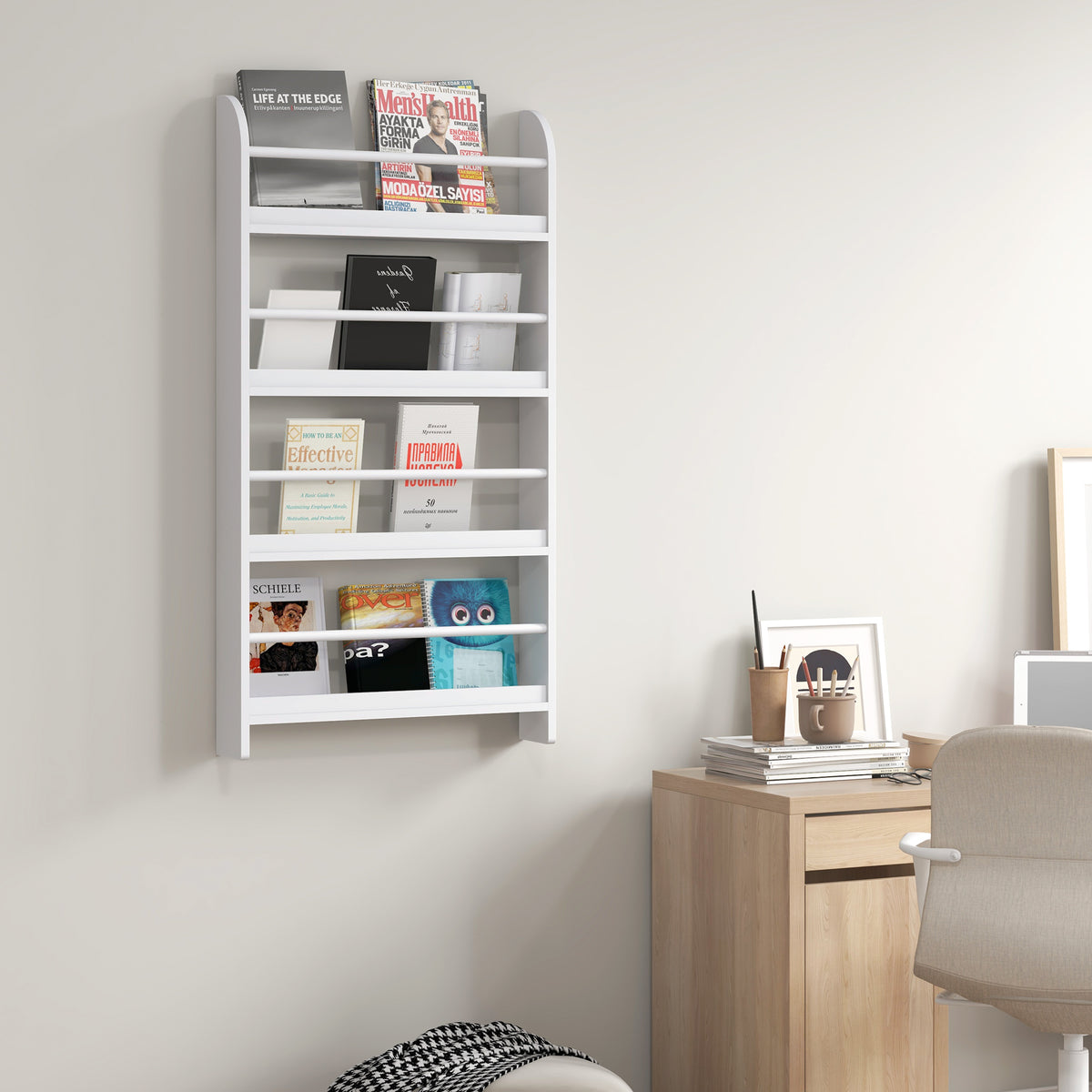 HOMCOM Bookcase, 4 Tier Wall Mounted Bookshelf, 15cm Depth Storage Shelving Rack for Bedroom Nursery Office Home, Accessories Supplies, White