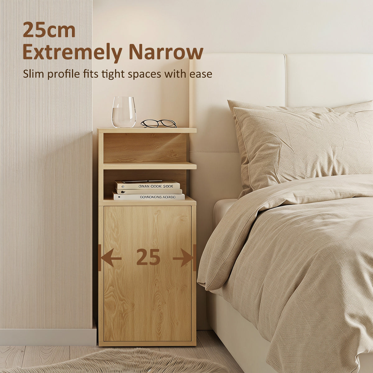 HOMCOM Slim Bedside Table Set of 2, Narrow Bedside Cabinet with Open Cubbies and Cupboard for Bedroom Living Room, Oak