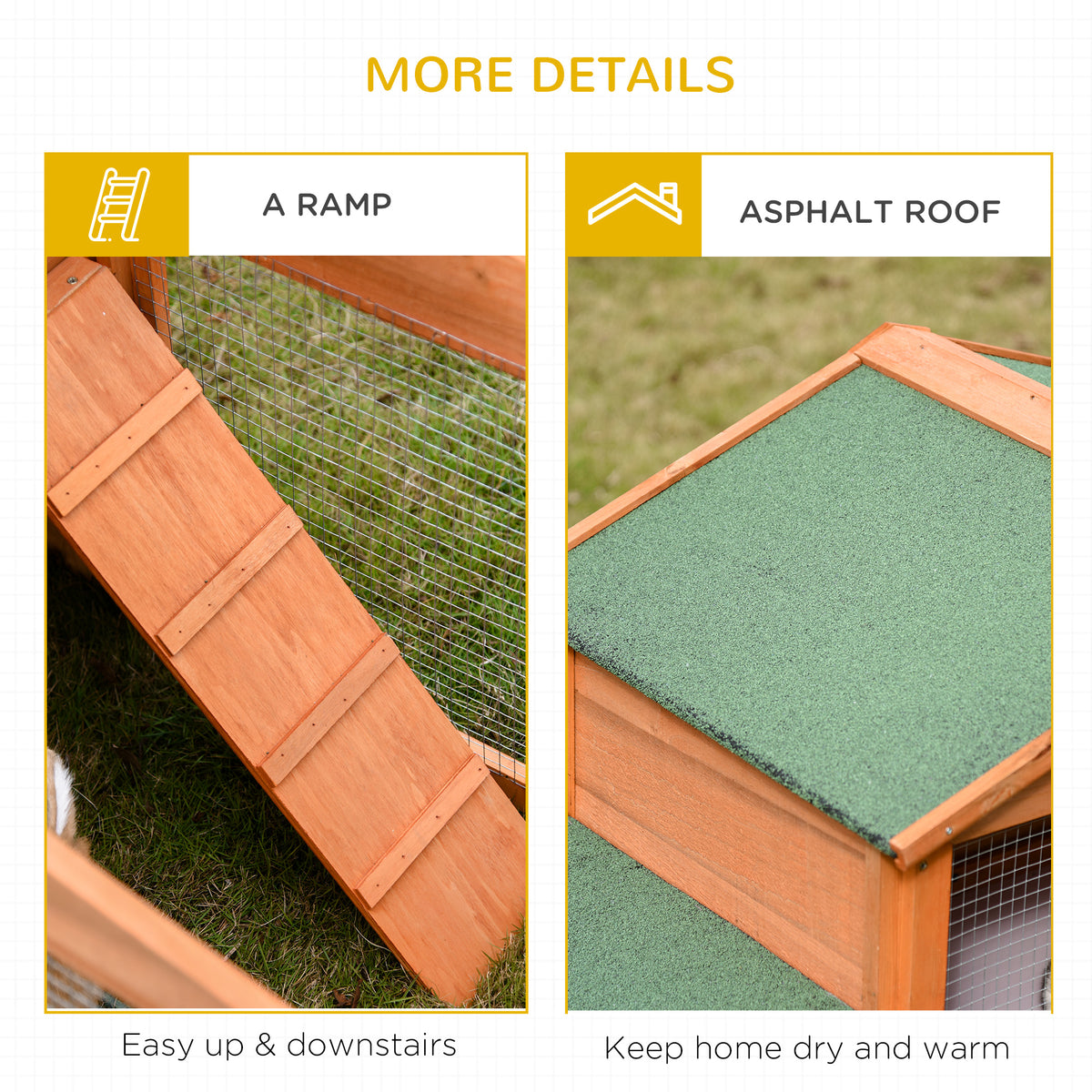 PawHut rabbit hutch details: wooden ramp and green asphalt roof