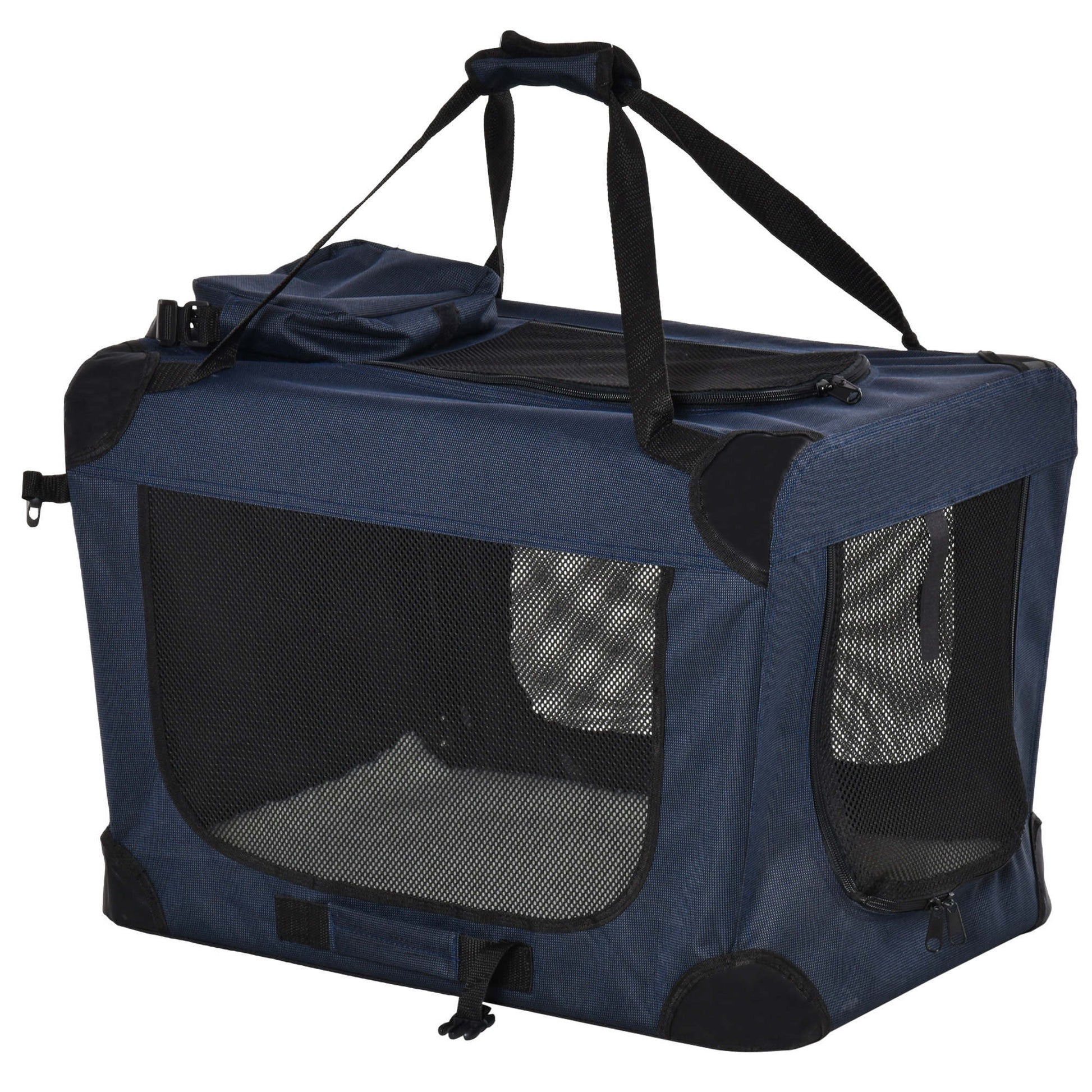 Photo of PawHut Foldable Pet Carrier for Small and Miniature Dogs, Portable Cat Carrier Soft Side Pet Travel Crate with Removable Mat, Storage Bags, Breathable Mesh 60 x 41.5 x 41cm - Dark Blue in Blue colour on a white background