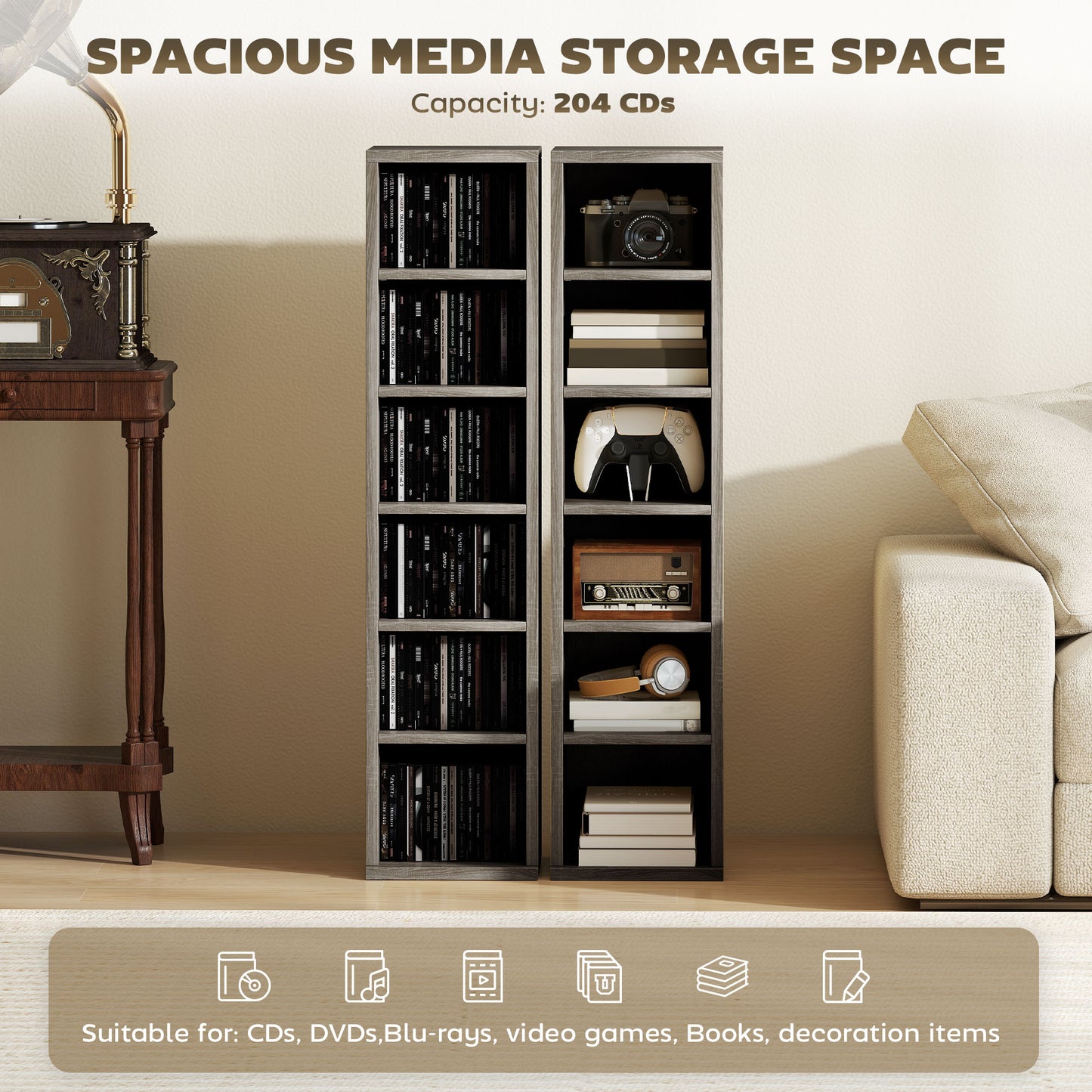 HOMCOM Set of 2 CD Media Display Shelf Unit Tower Rack with Adjustable Shelves, Mocha Wood Effect