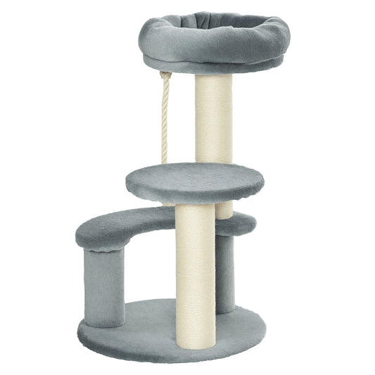 Photo of PawHut 65cm Cat Tree, Cat Tower for Kittens, Small Cat Condo with Sisal Scratching Posts, Hanging Rope, Perches - Grey in Grey colour on a white background