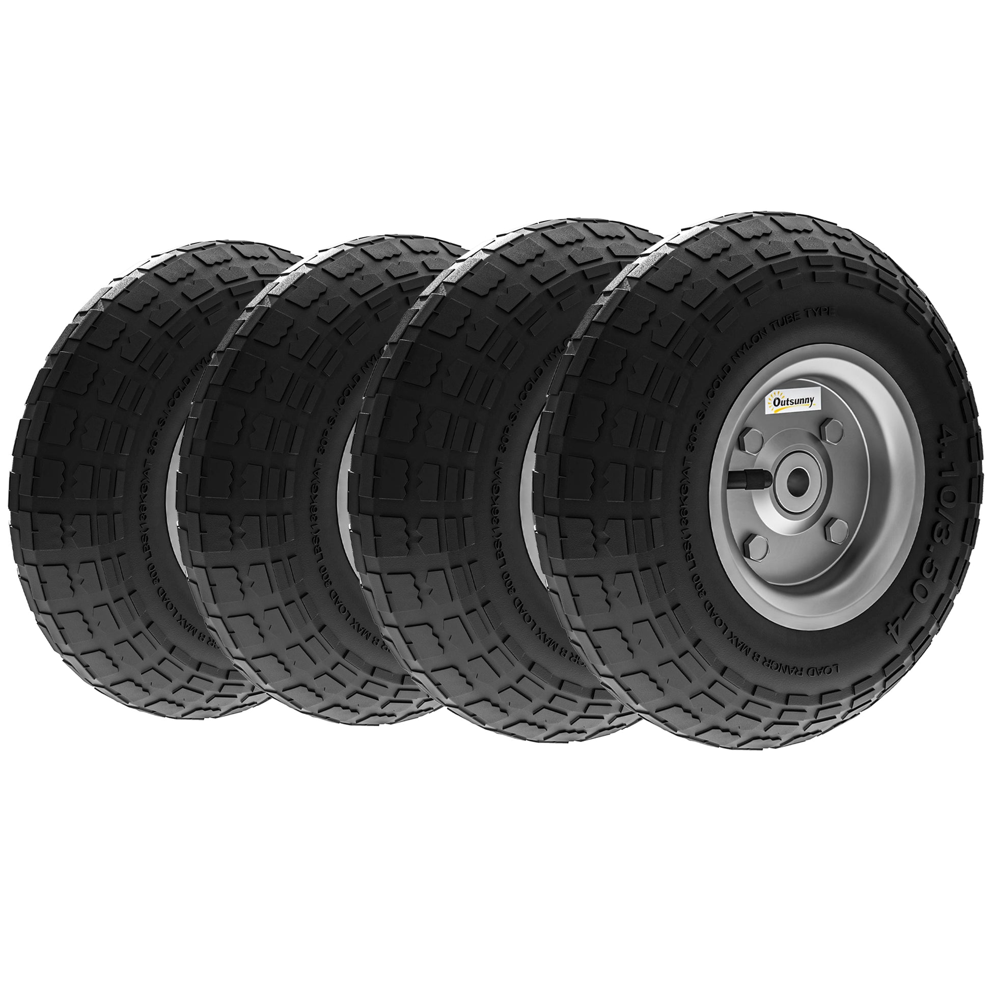 Photo of Outsunny Set of 4 Pneumatic Wheels, 10" Wheelbarrow Wheels Replacement for Barn Carts, Hose Carts, Garden Carts, Sack Trucks, Black in Black colour on a white background