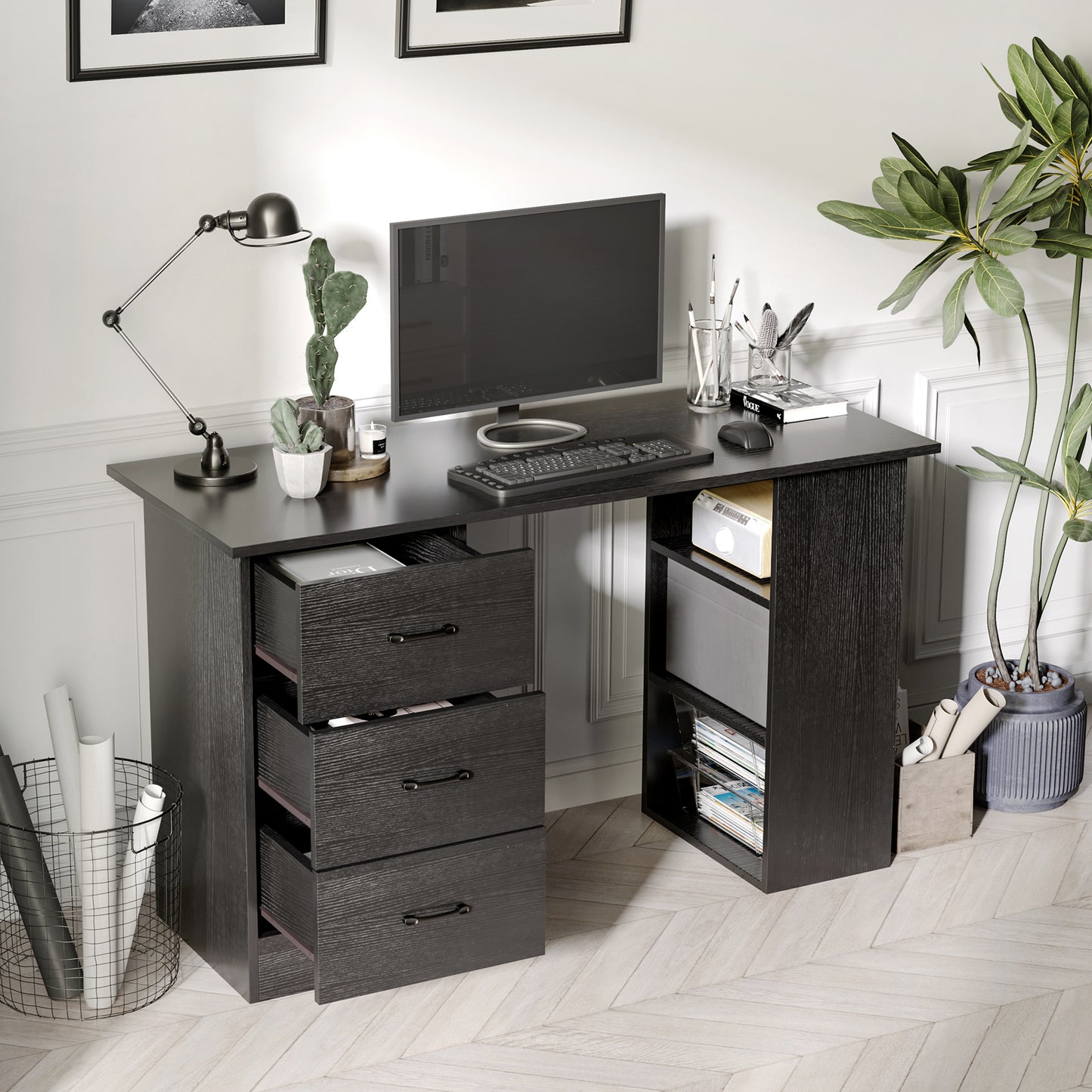 HOMCOM Computer Desk with Drawers, Home Office Desk, Writing Table, PC Workstation with 3 Storage Shelves for Working, Study, 120 x 49 x 72 cm, Black