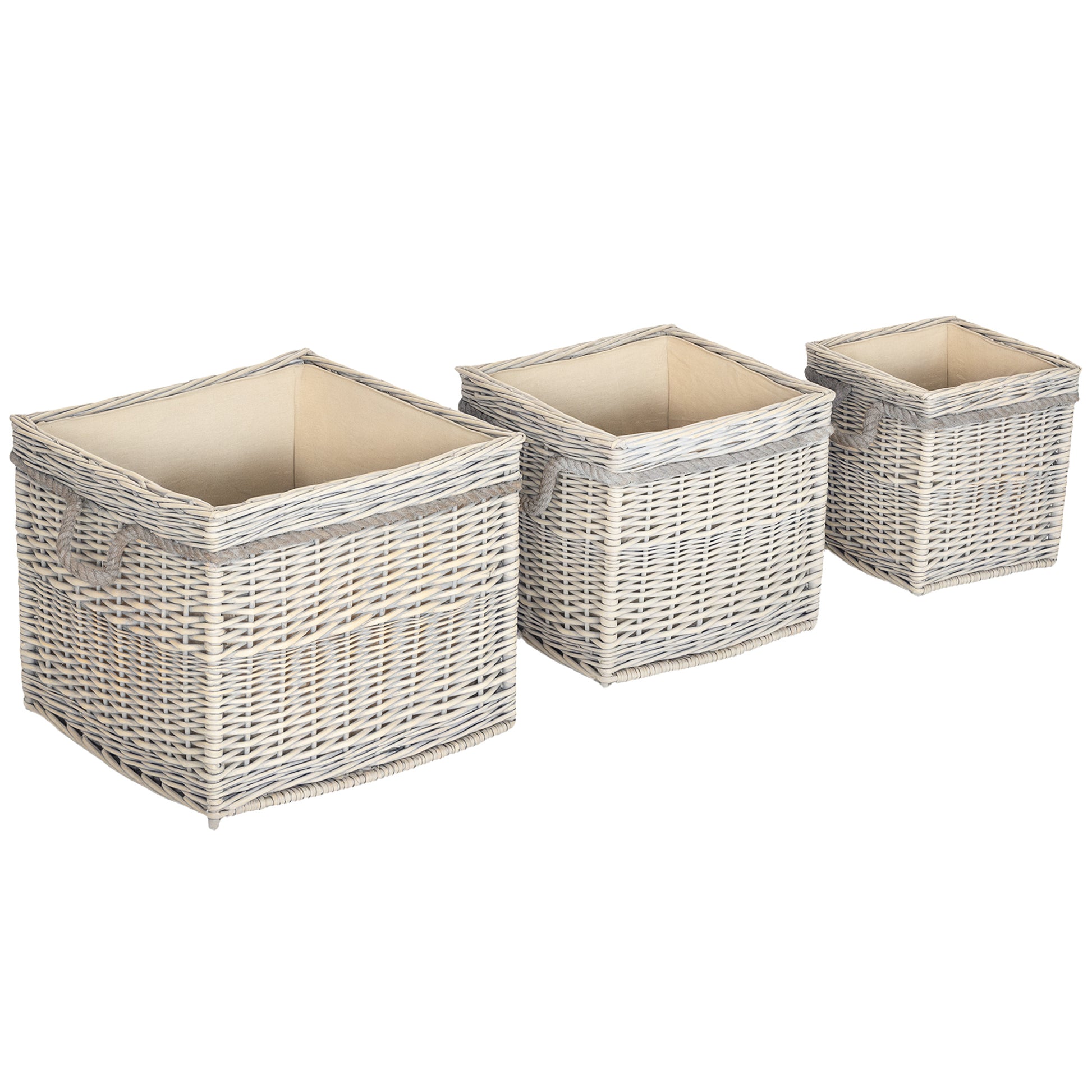 Photo of Outsunny Set of 3 Log Baskets for Wood Burner Indoor, Storage Basket with Lining and Rope Handles, Wicker Basket for Fireside Storage, Blankets, Beige in Beige colour on a white background
