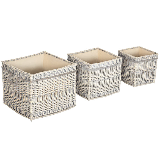 Photo of Outsunny Set of 3 Log Baskets for Wood Burner Indoor, Storage Basket with Lining and Rope Handles, Wicker Basket for Fireside Storage, Blankets, Beige in Beige colour on a white background
