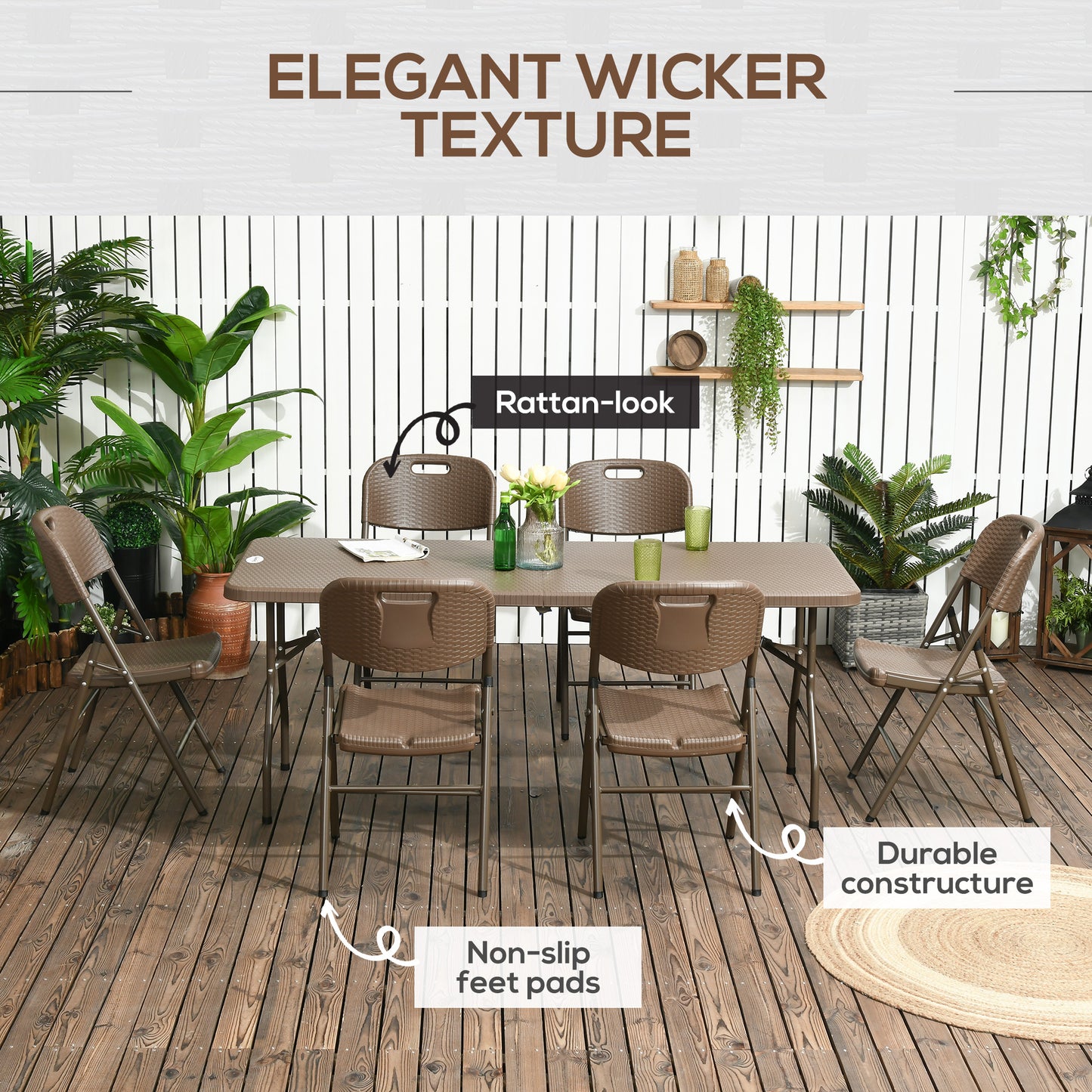 Outsunny 6 Seater Garden Dining Set, Rattan-Style HDPE Garden Furniture Set, Outdoor Dining Table and Chairs with 6 Armchairs and Rectangular Plastic Top Table for Patio, Balcony, Dark Brown