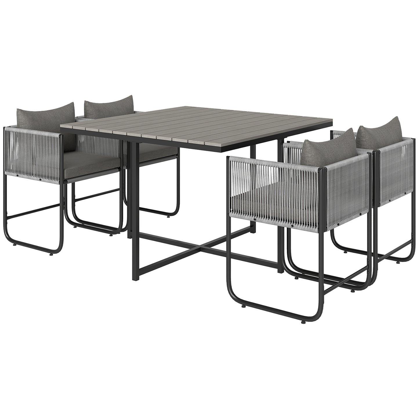 Photo of Outsunny 4 Seater Rattan Cube Garden Furniture Set, Rattan Dining Set with Cushions, Outdoor Dining Table and Chairs with Rectangular Wood Grain Plastic Top Table for Patio, Balcony, Grey in Grey colour on a white background