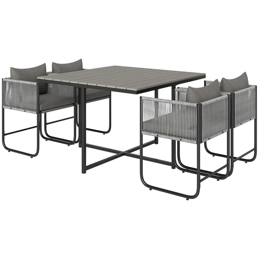 Photo of Outsunny 4 Seater Rattan Cube Garden Furniture Set, Rattan Dining Set with Cushions, Outdoor Dining Table and Chairs with Rectangular Wood Grain Plastic Top Table for Patio, Balcony, Grey in Grey colour on a white background