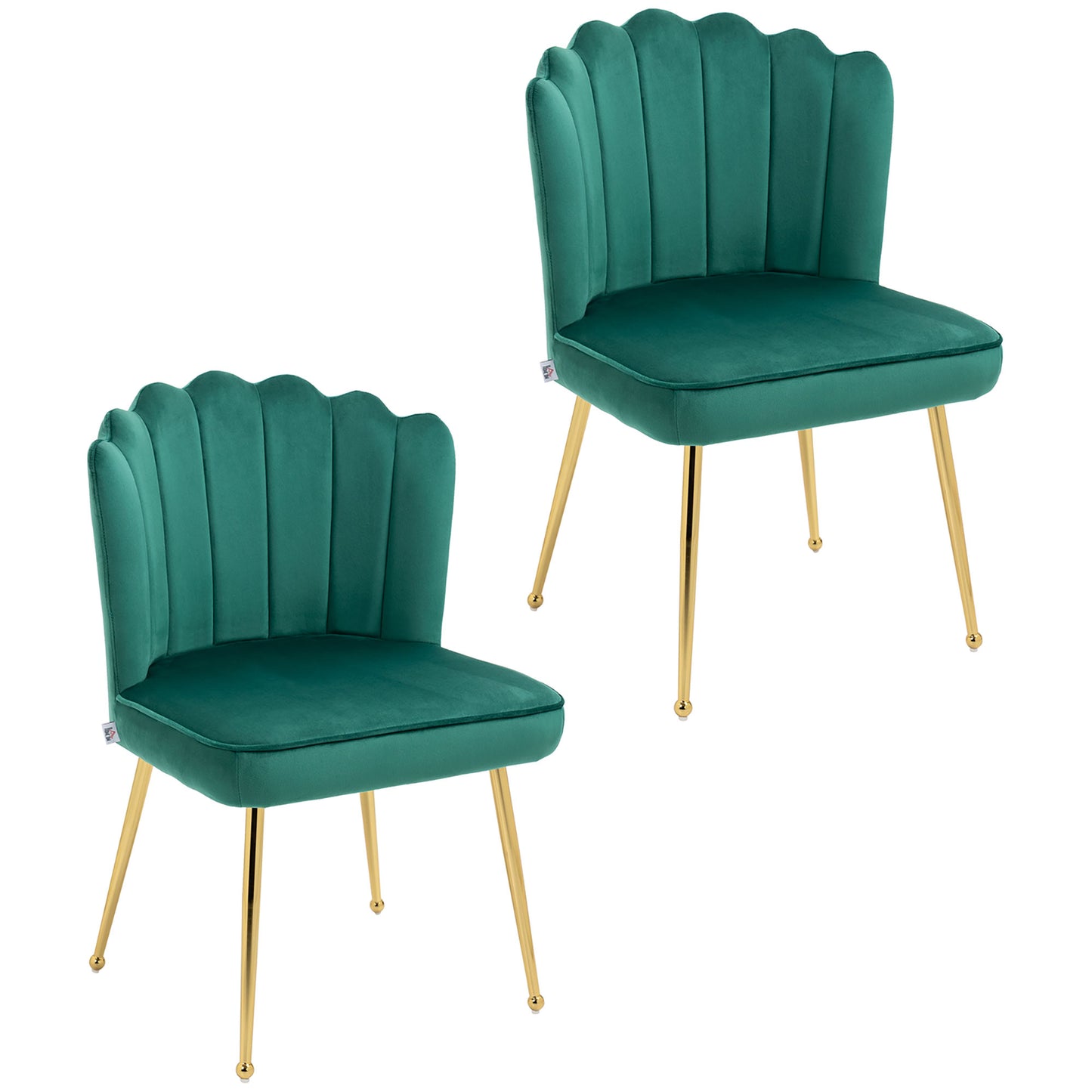 Photo of HOMCOM Shell Dining Chairs Set of 2, Upholstered Kitchen Chairs with Gold Metal Legs and Backrest, Velvet Fabric Lounge Leisure Chairs for Living Room, Reception Room, Green in Green colour on a white background