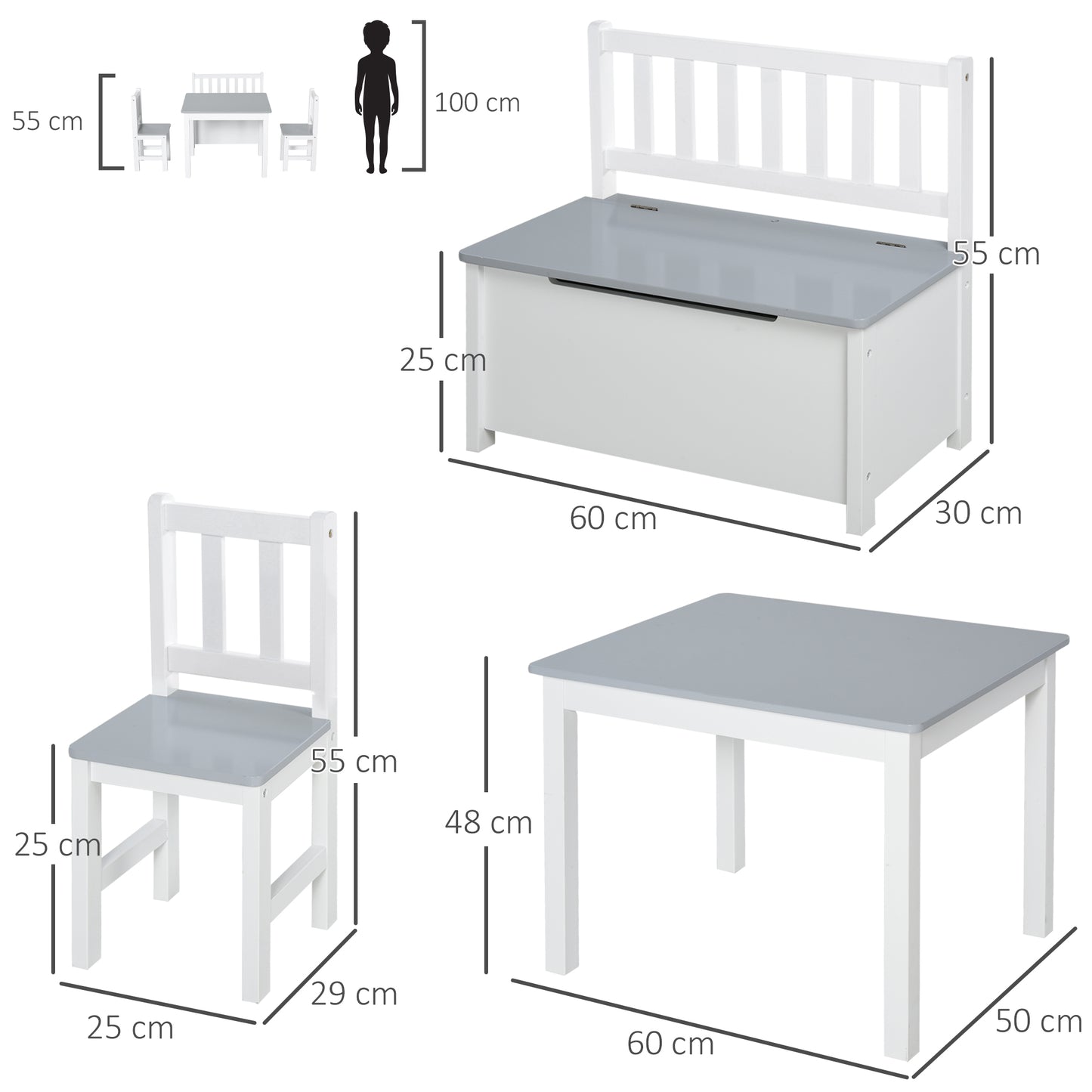 HOMCOM 4-Piece Kids Table and Chair Set with 2 Wooden Chairs, 1 Storage Bench, and Interesting Modern Design, Grey/White
