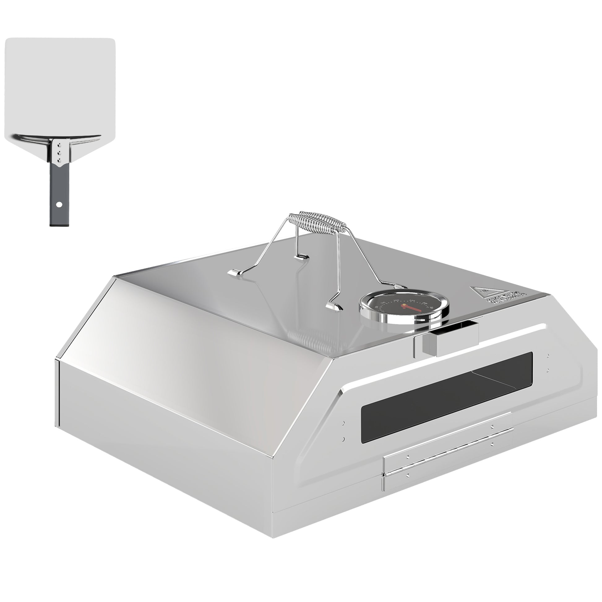 Photo of Outsunny 8 in Portable Stainless Steel BBQ Grill Top Pizza Oven with Built-in Thermometer and Viewing Window for Gas and Charcoal BBQ Grills, Includes Carry Handles, Pizza Stone and Peel, Silver Tone in Tone colour on a white background