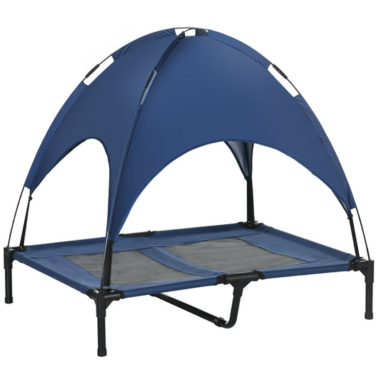 Photo of PawHut Outdoor Dog Bed with Removable Canopy, Portable Raised Dog Bed for Camping, Garden & Beach, Water-Resistant UV-Protection Mesh Pet Cot Sun Lounger, for Large Pets, 92 x 76 x 90 cm, Dark Blue in Blue colour on a white background