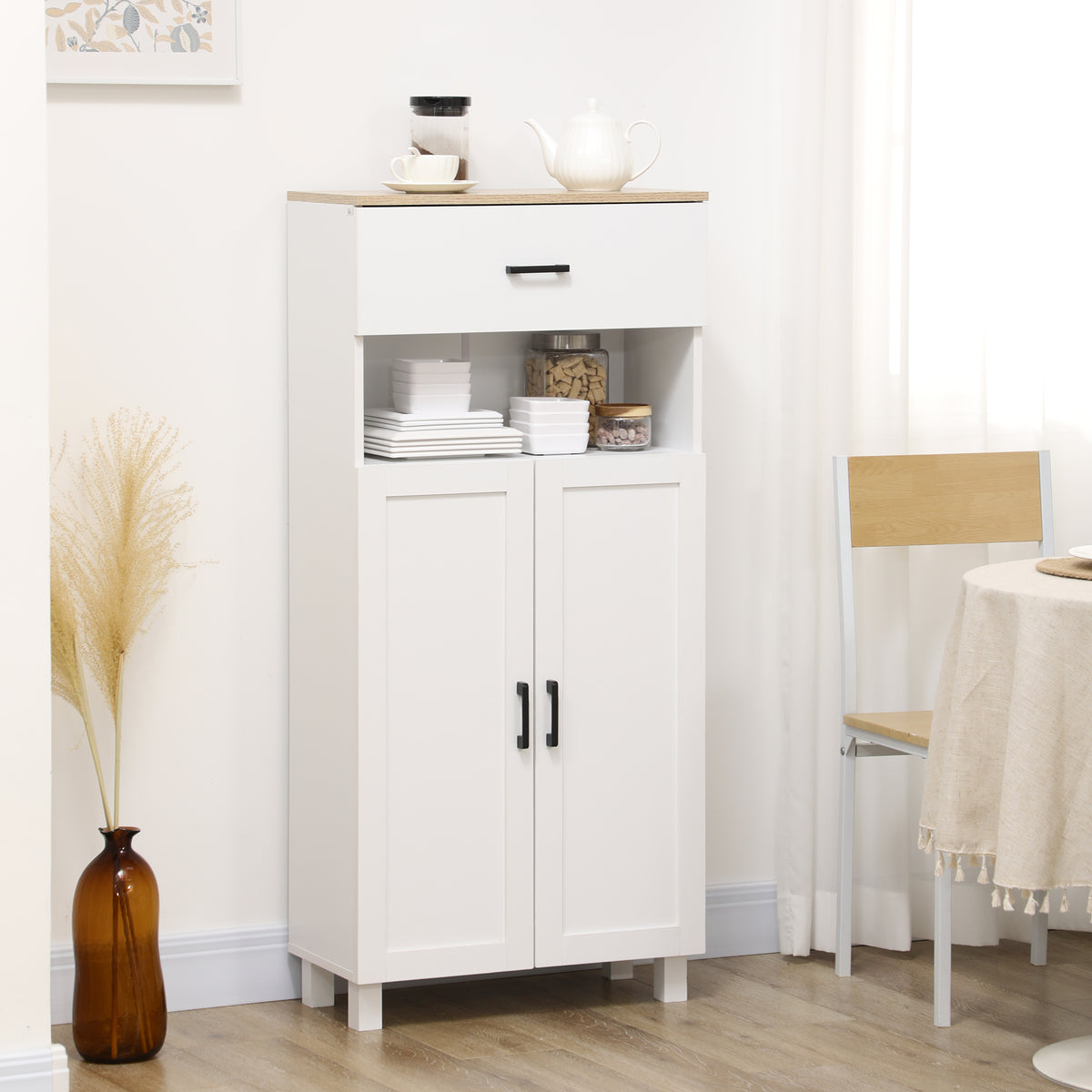 White storage cabinet with drawer, open shelf and double doors