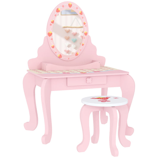 Photo of AIYAPLAY Kids Dressing Table Set, Vanity Table with Stool, Mirror, Drawer, Desktop, Storage, Strawberry-Theme, Pink in Pink colour on a white background