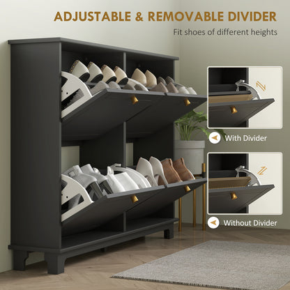 Black shoe cabinet with flip drawers and adjustable, removable dividers.