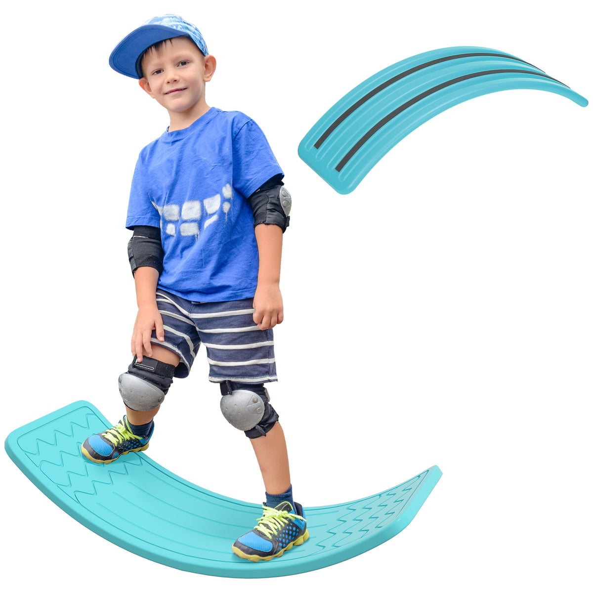 Curved blue balance board with textured foot grips and anti-slip strips