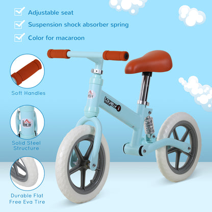 Blue balance bike with adjustable seat, soft grips, white EVA tires, and rear suspension.