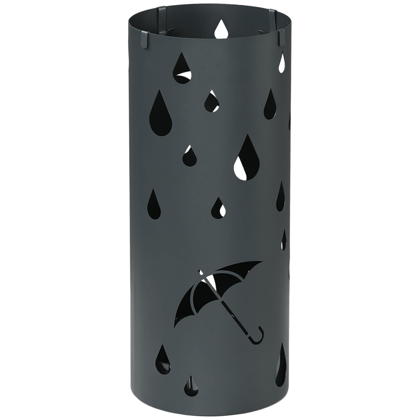 Photo of HOMCOM Freestanding Umbrella Stand for Hallway, Round Umbrella Basket with 4 Hooks and Drip Tray for Entryway, Dark Grey in Grey colour on a white background