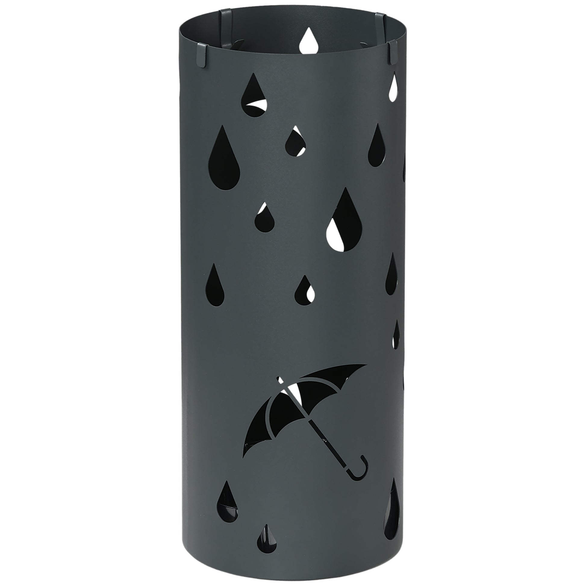 Photo of HOMCOM Freestanding Umbrella Stand for Hallway, Round Umbrella Basket with 4 Hooks and Drip Tray for Entryway, Dark Grey in Grey colour on a white background