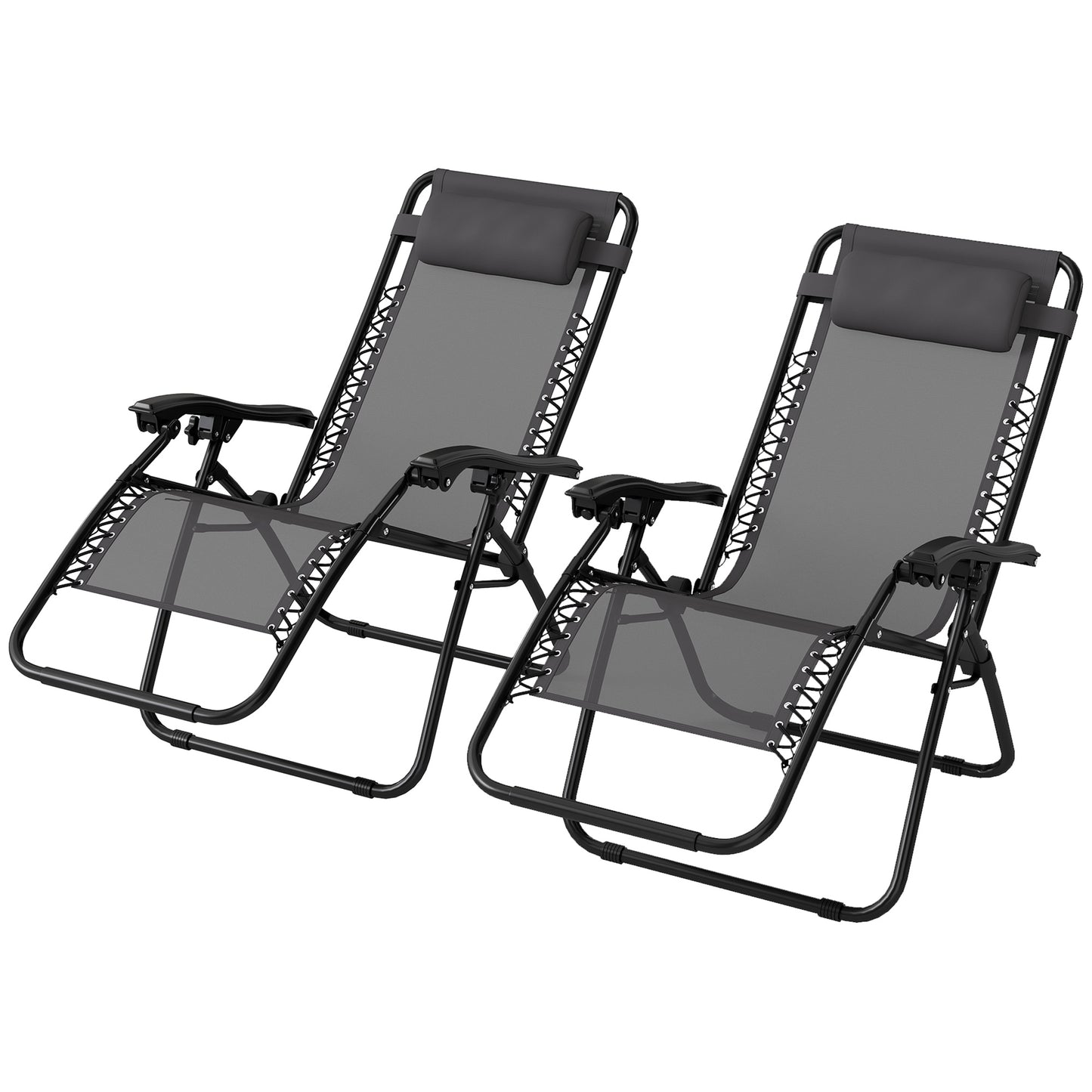 Photo of Outsunny Zero Gravity Chair Set of 2, Metal Frame Texteline Armchair Outdoor Folding and Reclining Sun Lounger with Head Pillow for Patio Decking Gardens Camping, Grey in Grey colour on a white background
