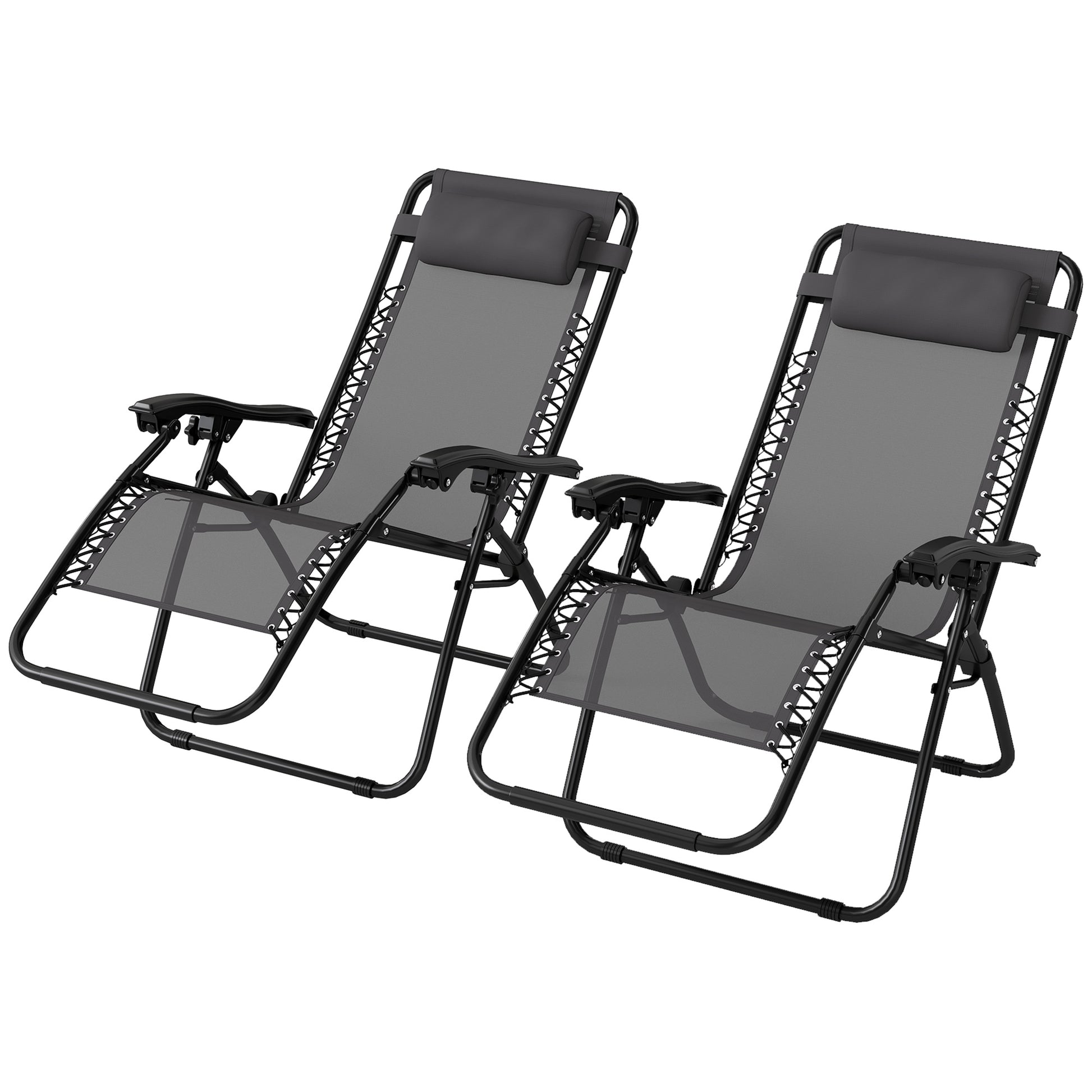 Photo of Outsunny Zero Gravity Chair Set of 2, Metal Frame Texteline Armchair Outdoor Folding and Reclining Sun Lounger with Head Pillow for Patio Decking Gardens Camping, Grey in Grey colour on a white background