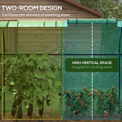 Outsunny two-room greenhouse showing separate planting areas for climbing plants and tomatoes