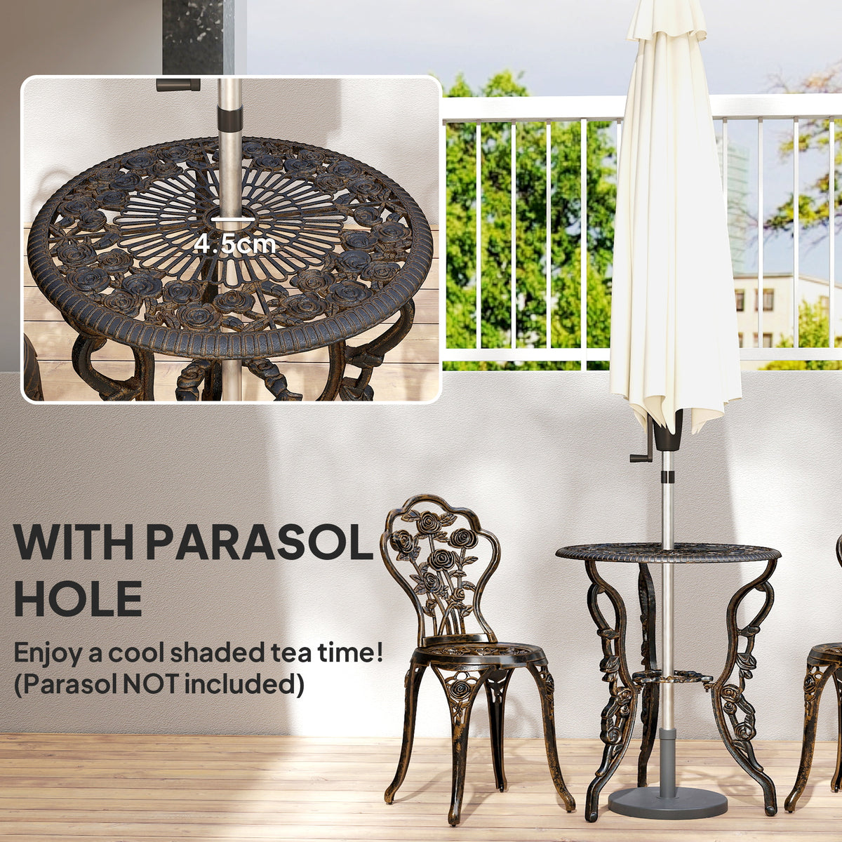 Outsunny Garden Bistro Set with Umbrella Hole, 3 Piece Cast Aluminium Garden Furniture Set, Antique Floral Round Coffee Table and Chairs, Small Balcony Furniture for Outdoor, Patio, Brown Tone