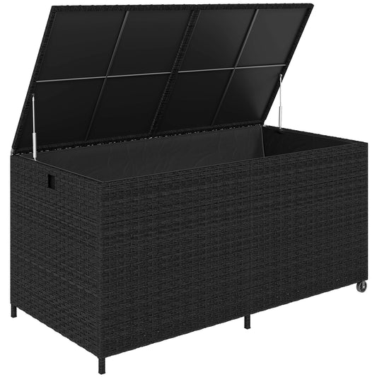 Photo of Outsunny 650L Garden Storage Box with 2 Wheels, Rattan Deck Box with Waterproof Zipped Liner, Safe Pneumatic Rods, Black in Black colour on a white background
