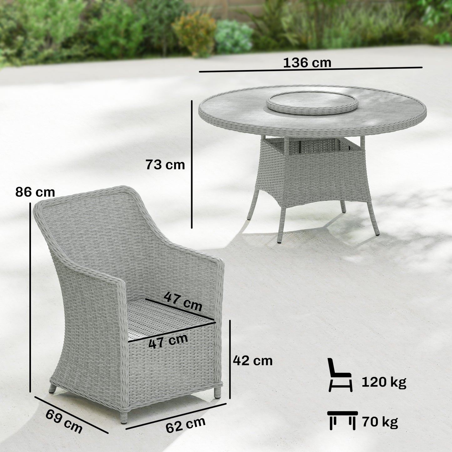 Outsunny Rattan Garden Dining Set with Turntable, Marble Effect Glass Round Garden Table and Chairs with Aluminium Frame, Grey
