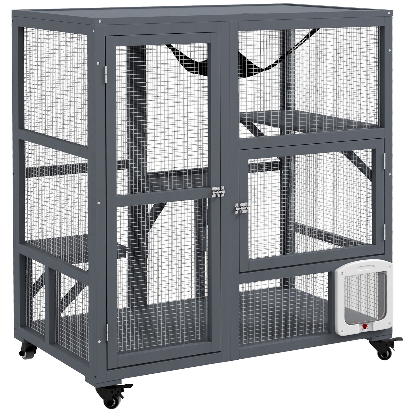 Photo of PawHut Cat House, Wooden Indoor Catio Cat Enclosure on Wheels, Wooden Kitty Cage with Platforms, Hammock, Light Grey in Grey colour on a white background