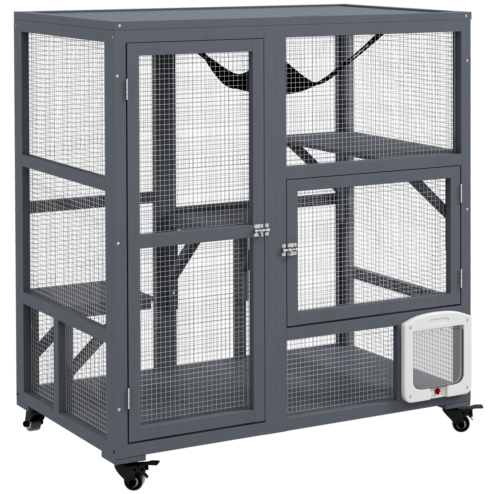 Photo of PawHut Cat House, Wooden Indoor Catio Cat Enclosure on Wheels, Wooden Kitty Cage with Platforms, Hammock, Light Grey in Grey colour on a white background