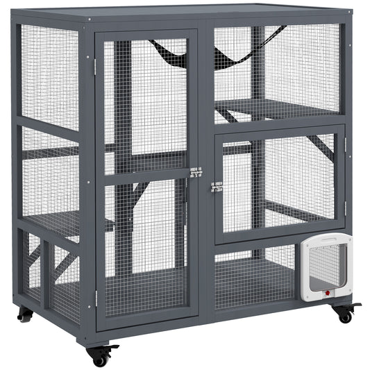 Photo of PawHut Cat House, Wooden Indoor Catio Cat Enclosure on Wheels, Wooden Kitty Cage with Platforms, Hammock, Light Grey in Grey colour on a white background