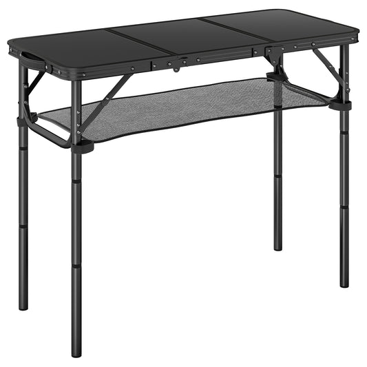 Photo of Outsunny 3ft Folding Camping Table, Picnic Table with Mesh Storage Layer, Carrying Bag and Metal Frame, Black in Black colour on a white background