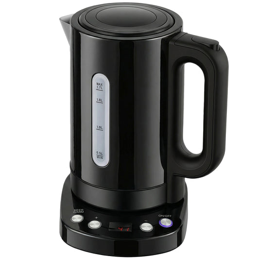 Photo of HOMCOM Electric Kettle, 1.7L, Fast Boil, 3kW Water Kettle with UK Strix Thermostat, Keep Warm Function, LCD Base, Black in Black colour on a white background