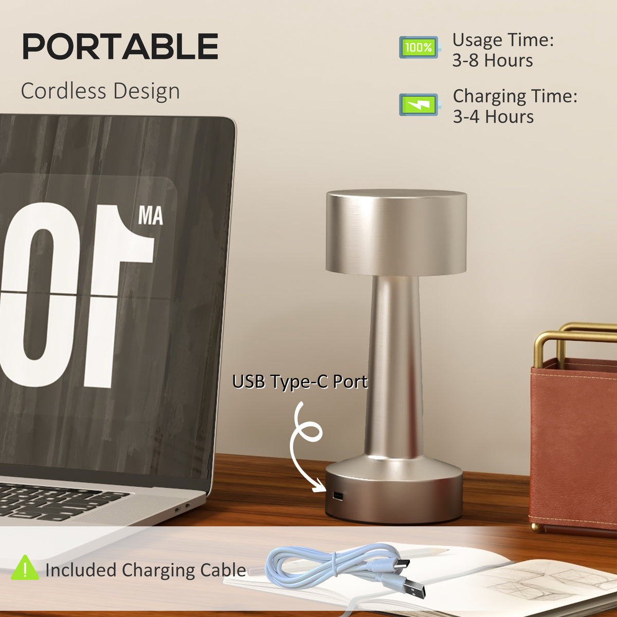 HOMCOM portable silver table lamp with charging cable and USB-C port
