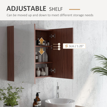 Open dark wood cabinet showing an adjustable shelf and mirrored door.