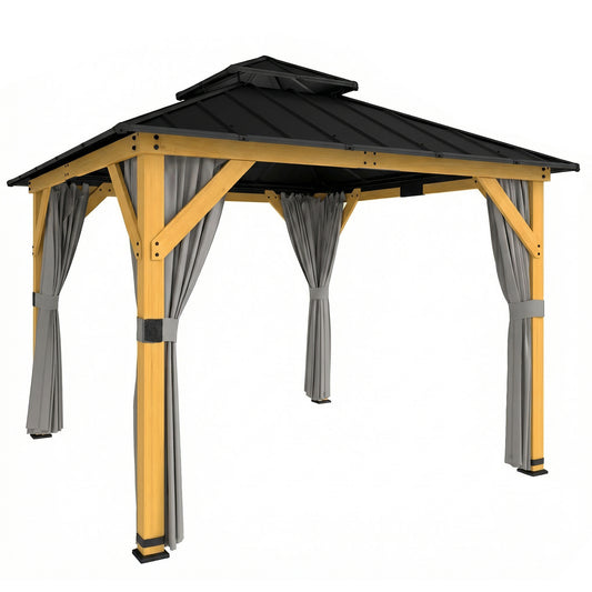 Photo of Outsunny 3 x 3 m Outdoor Hardtop Gazebo Canopy with 2-Tier Steel Roof, Wood Garden Gazebo with Curtains, Grey in Grey colour on a white background